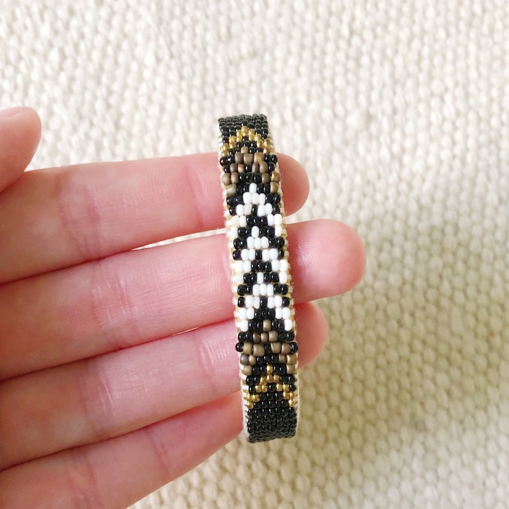 Madewell Beaded Bangle Bracelet Cuff - Black Brown White Gold Tribal Textured
